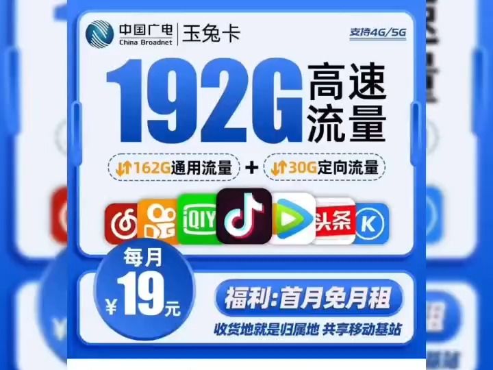 廣電福兔卡19元192G流量0.15元/分鐘通話【收貨地即歸屬地】